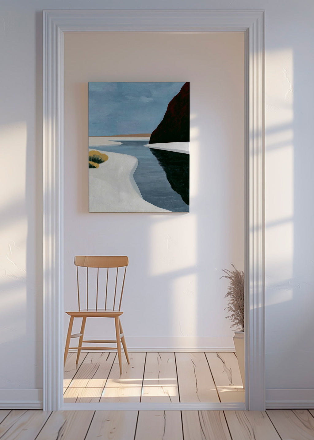 Landschap kunst: minimalistisch estuarium met donkere klif