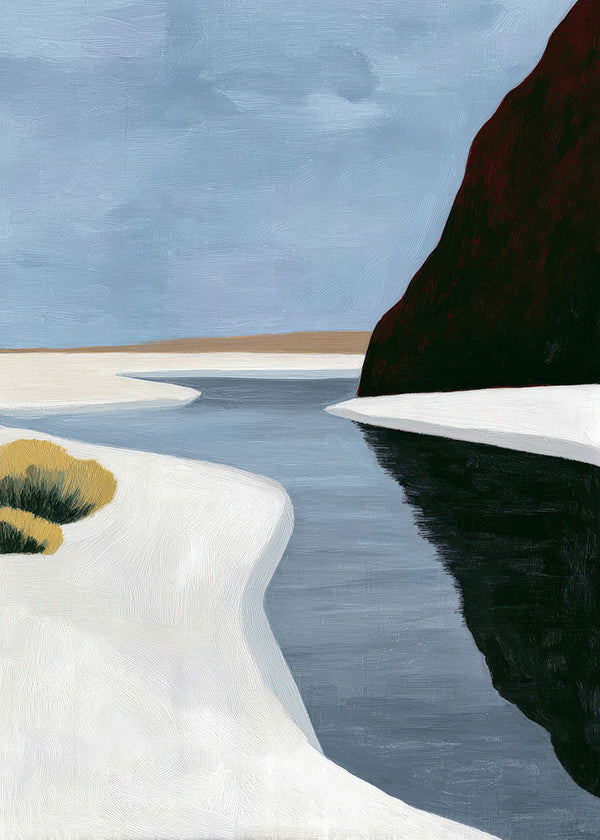 Landschap kunst: minimalistisch estuarium met donkere klif