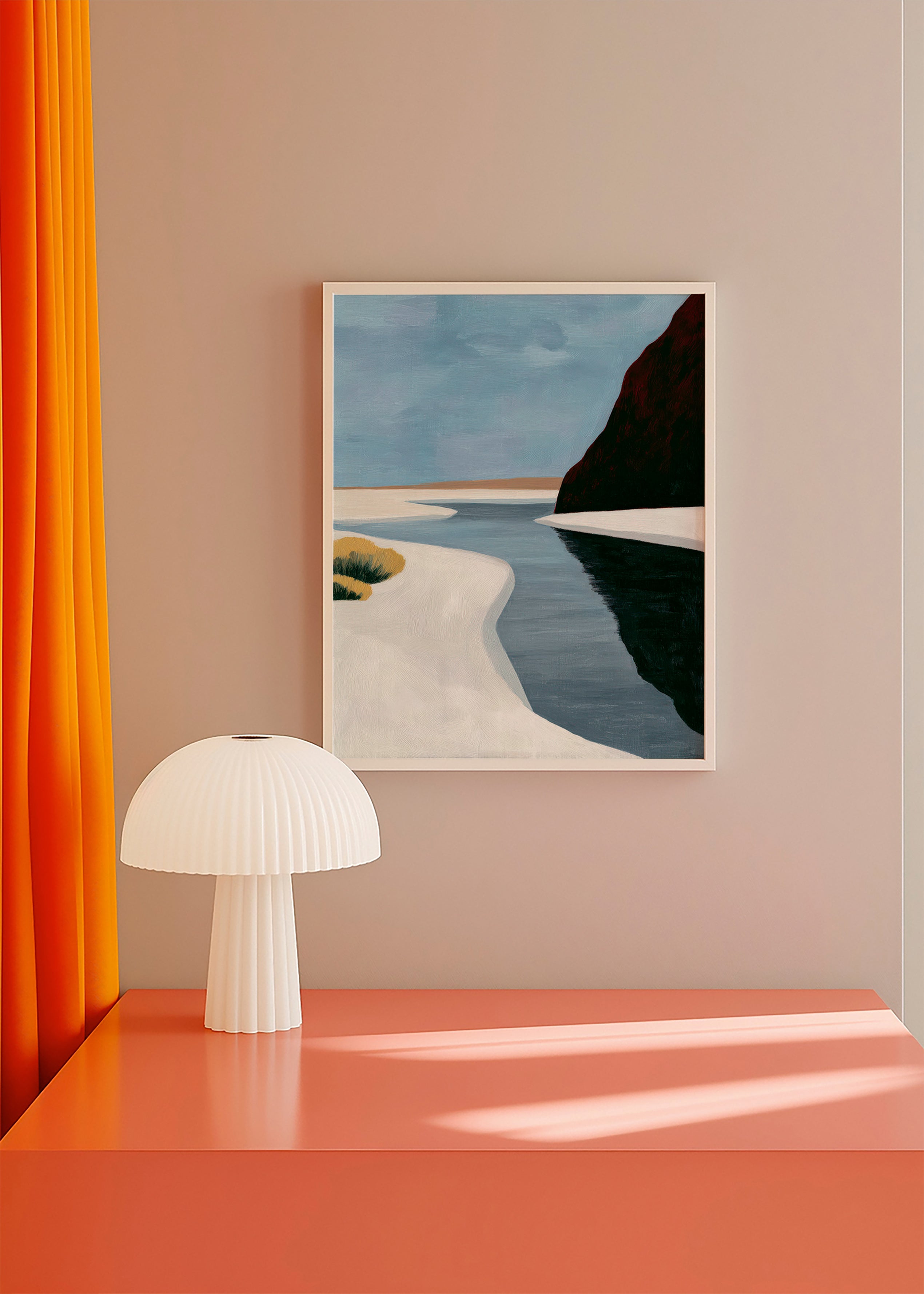Landschap kunst: minimalistisch estuarium met donkere klif