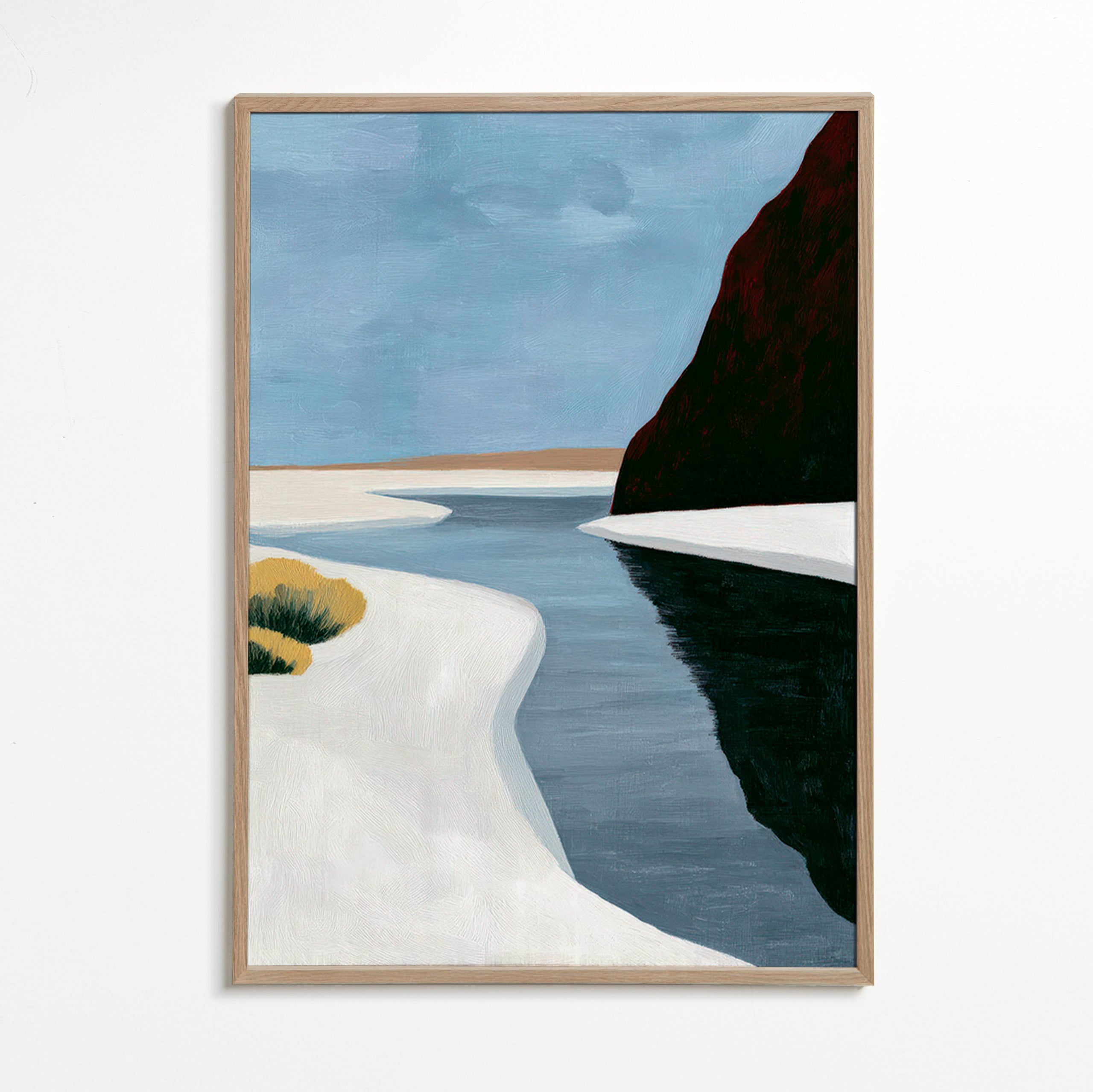 Landschap kunst: minimalistisch estuarium met donkere klif