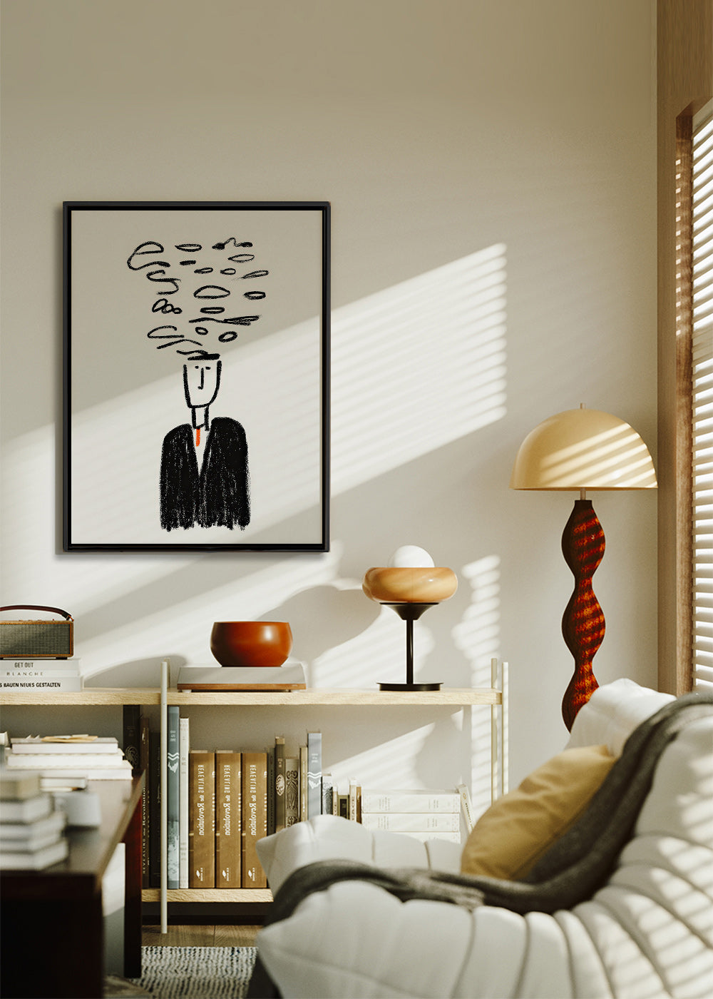 Minimalistische illustratie van een figuur met rook