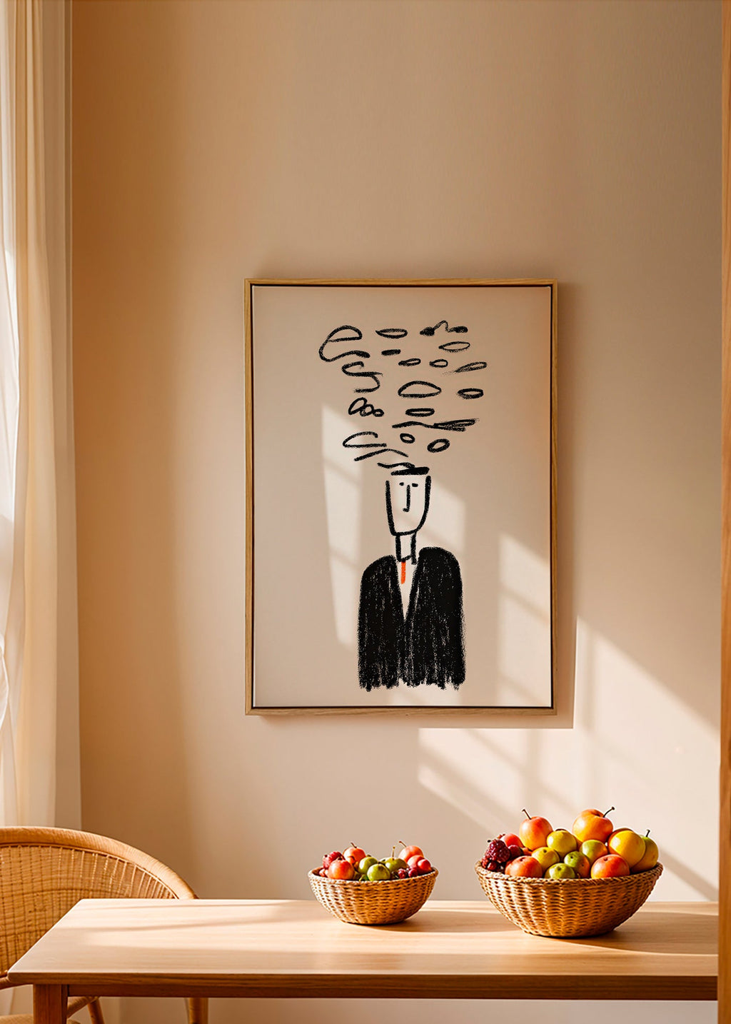 Minimalistische illustratie van een figuur met rook