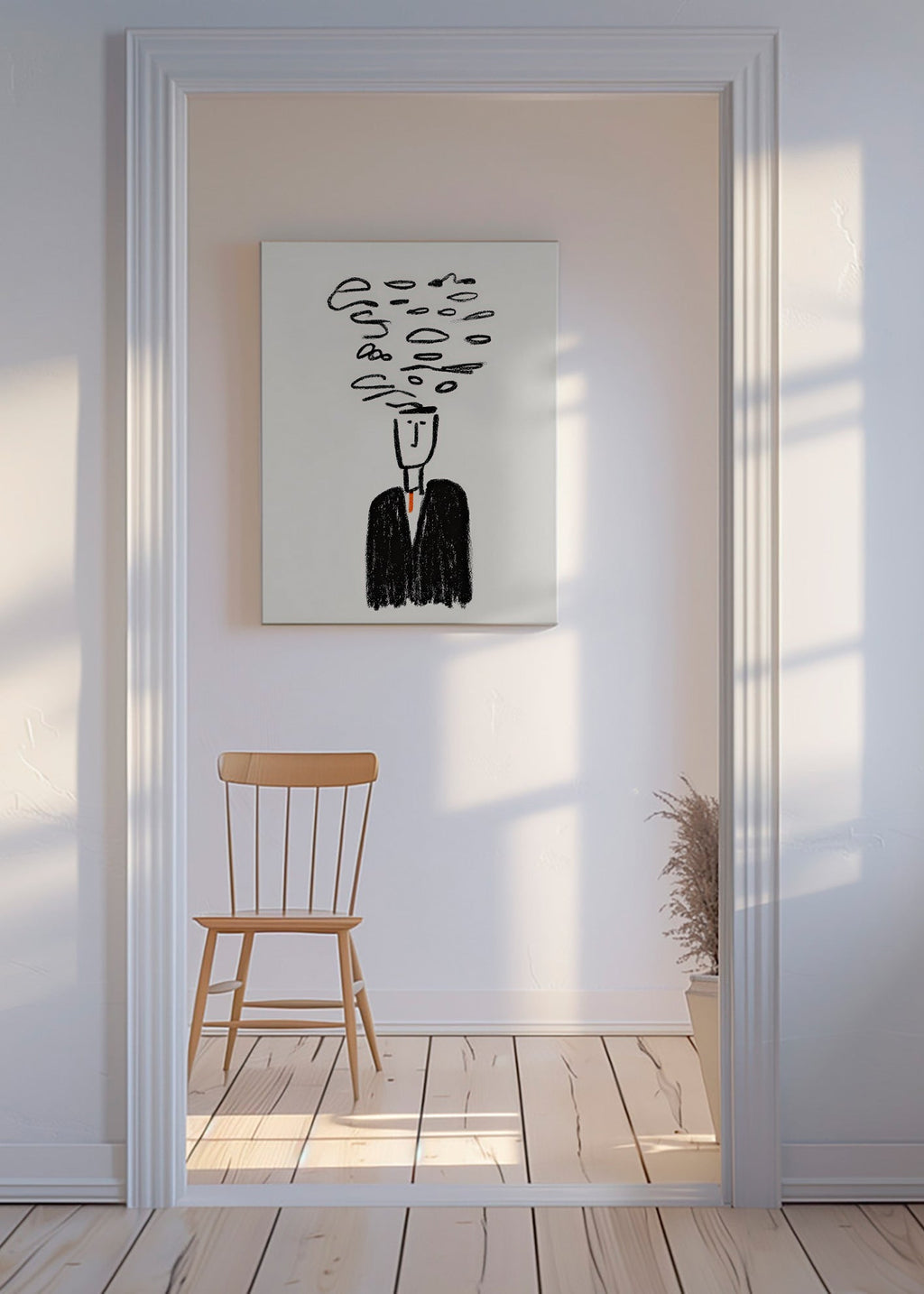 Minimalistische illustratie van een figuur met rook