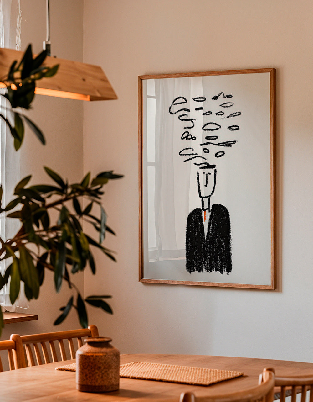 Minimalistische illustratie van een figuur met rook