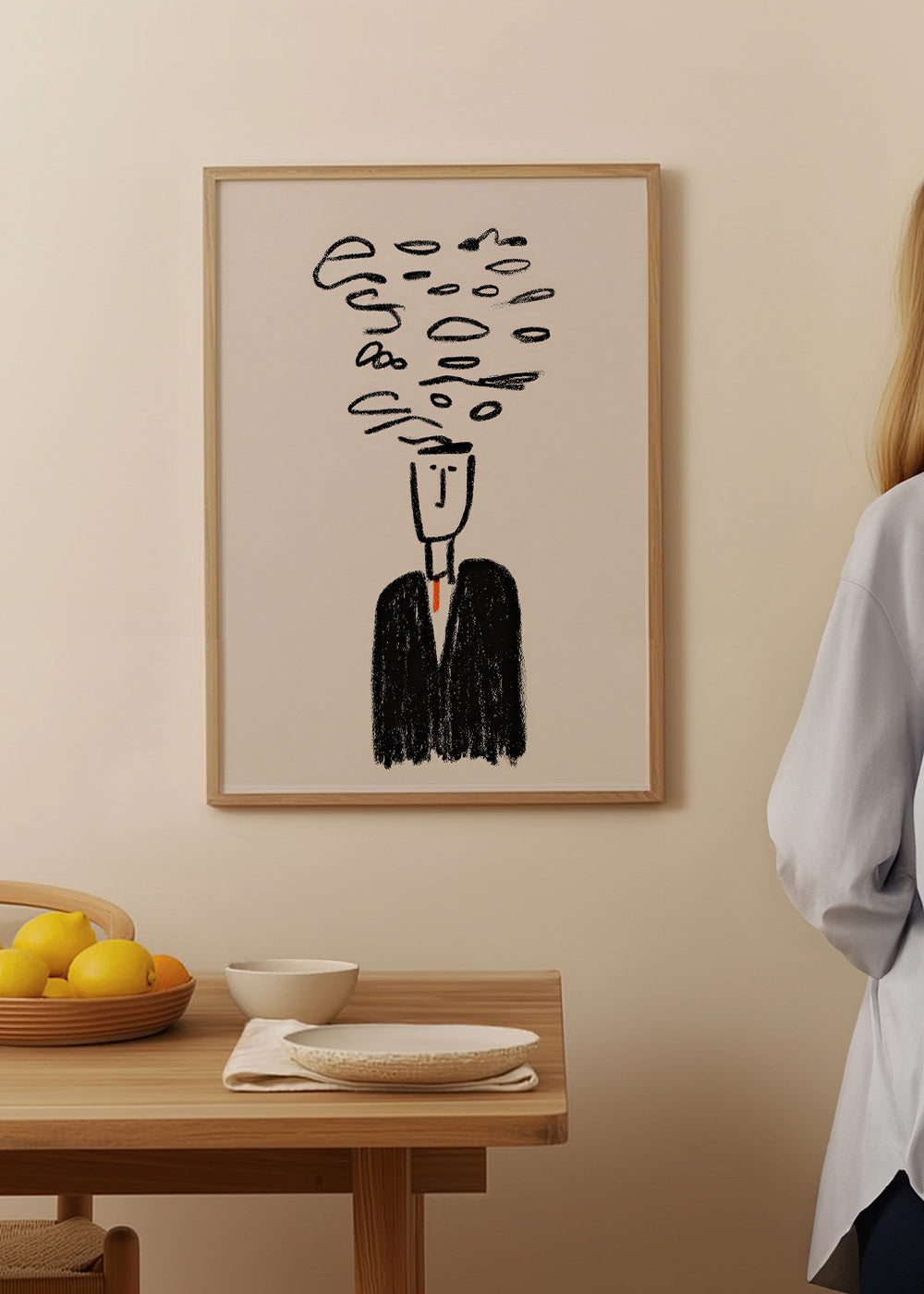 Minimalistische illustratie van een figuur met rook