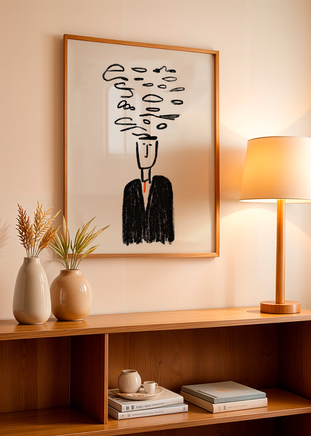 Minimalistische illustratie van een figuur met rook