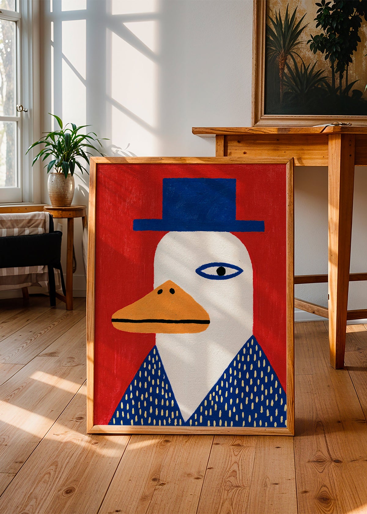 Eendenportret met blauwe hoed