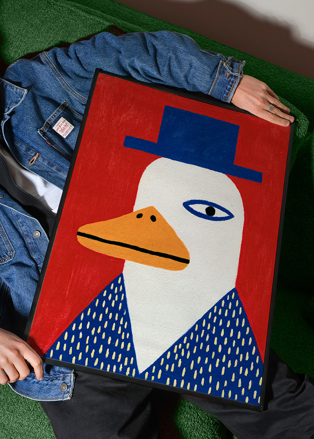 Eendenportret met blauwe hoed