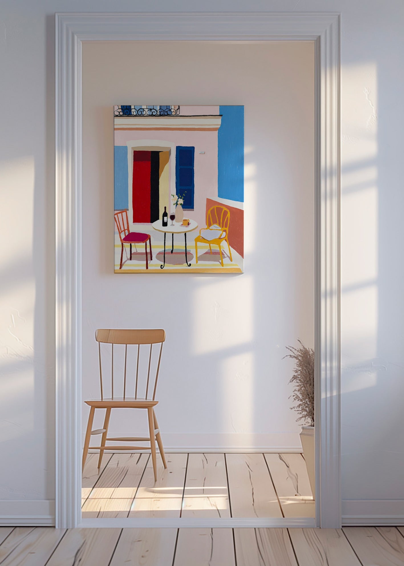 Keuken kunst: Italiaans balkon met tafel en wijn