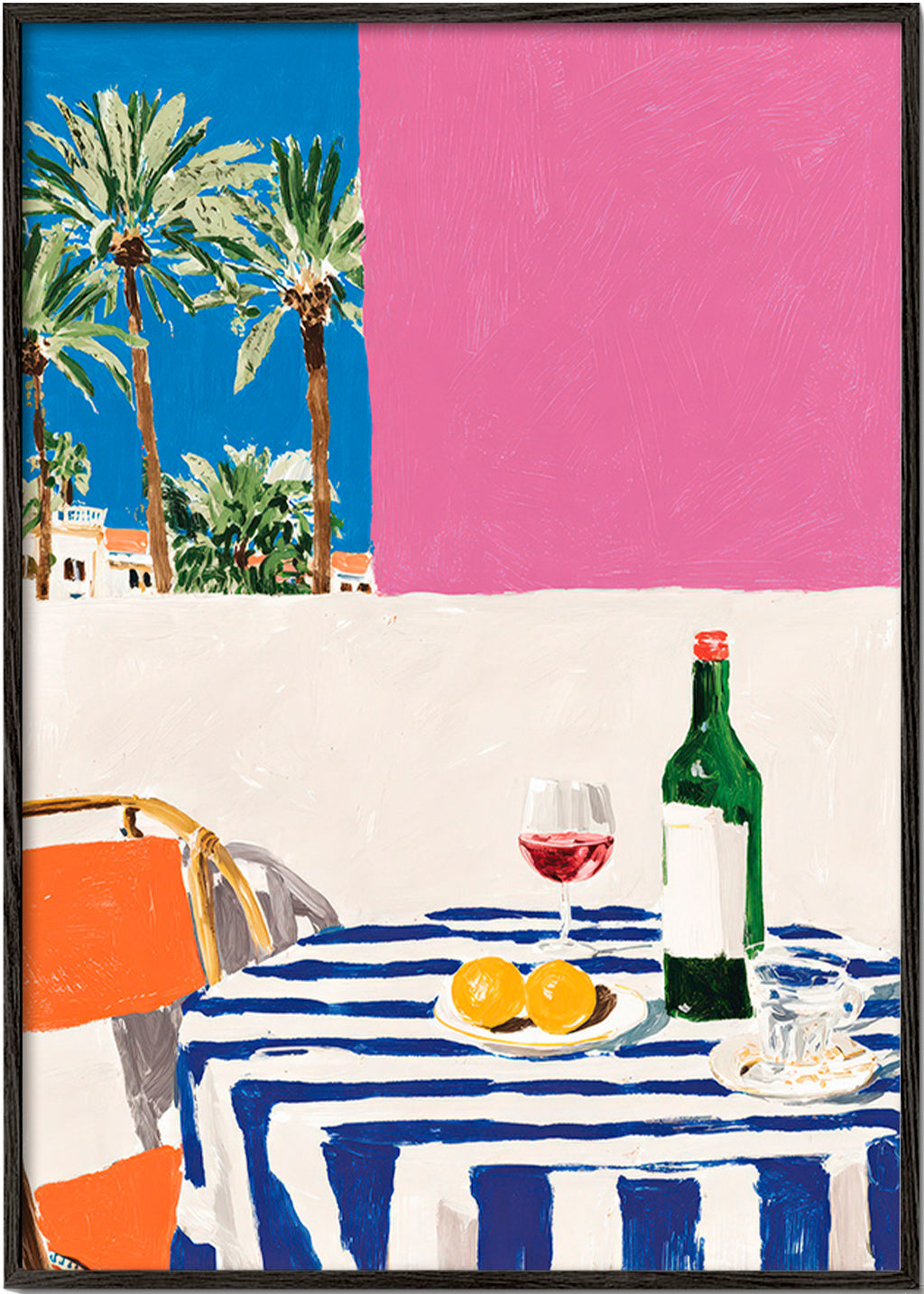 Keuken kunst met gestreept tafel, wijn en palmbomen