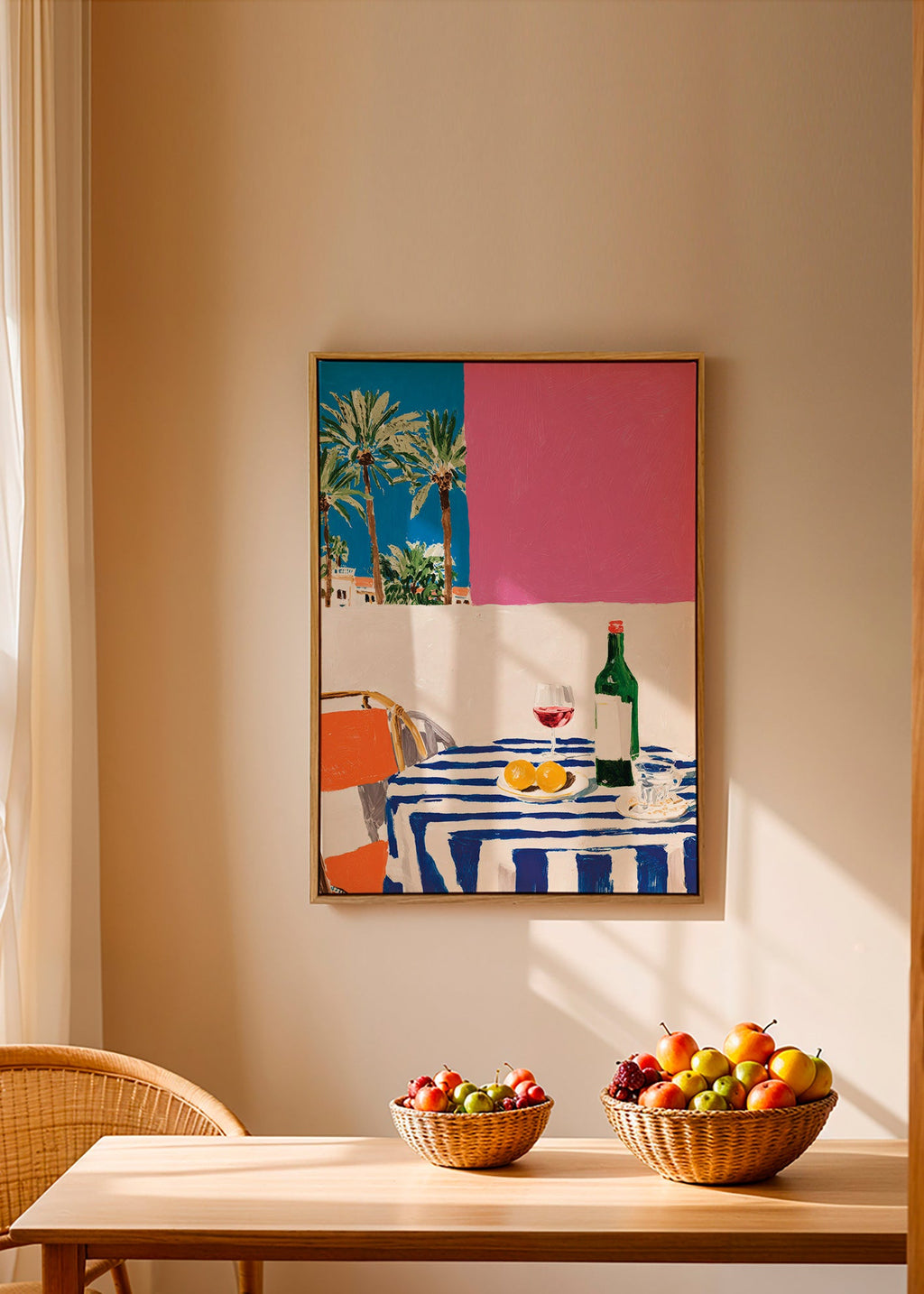 Keuken kunst met gestreept tafel, wijn en palmbomen