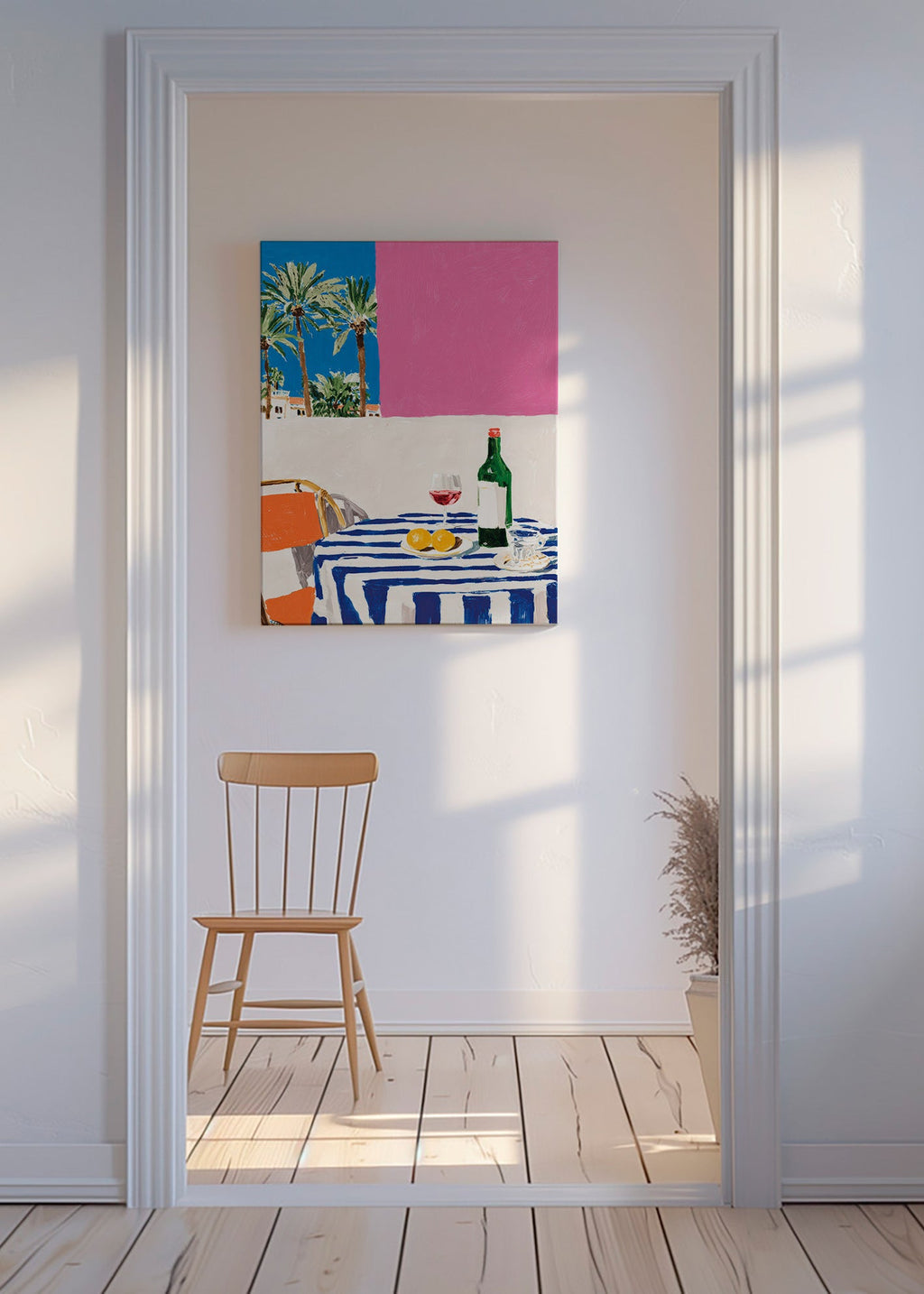 Keuken kunst met gestreept tafel, wijn en palmbomen