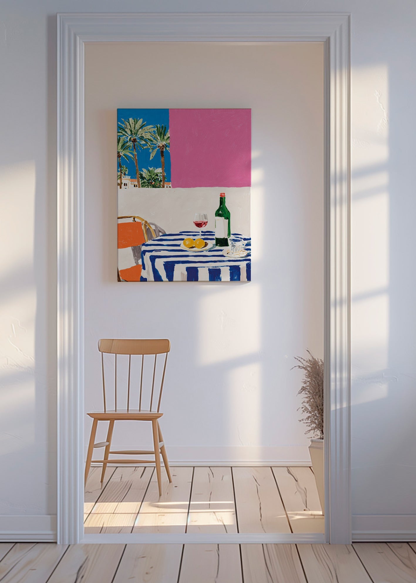 Keuken kunst met gestreept tafel, wijn en palmbomen