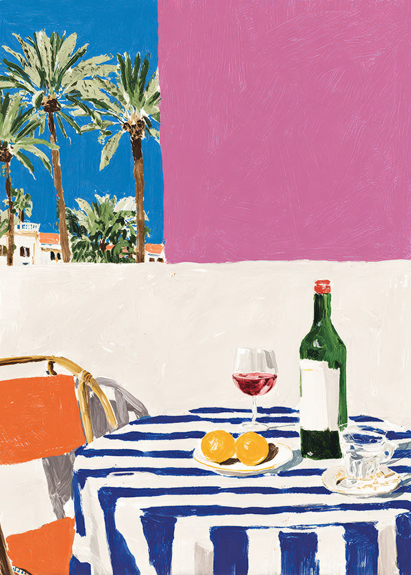 Keuken kunst met gestreept tafel, wijn en palmbomen