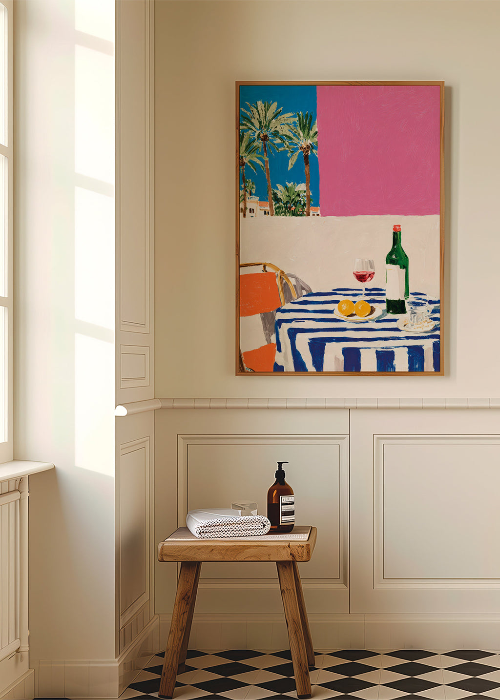 Keuken kunst met gestreept tafel, wijn en palmbomen