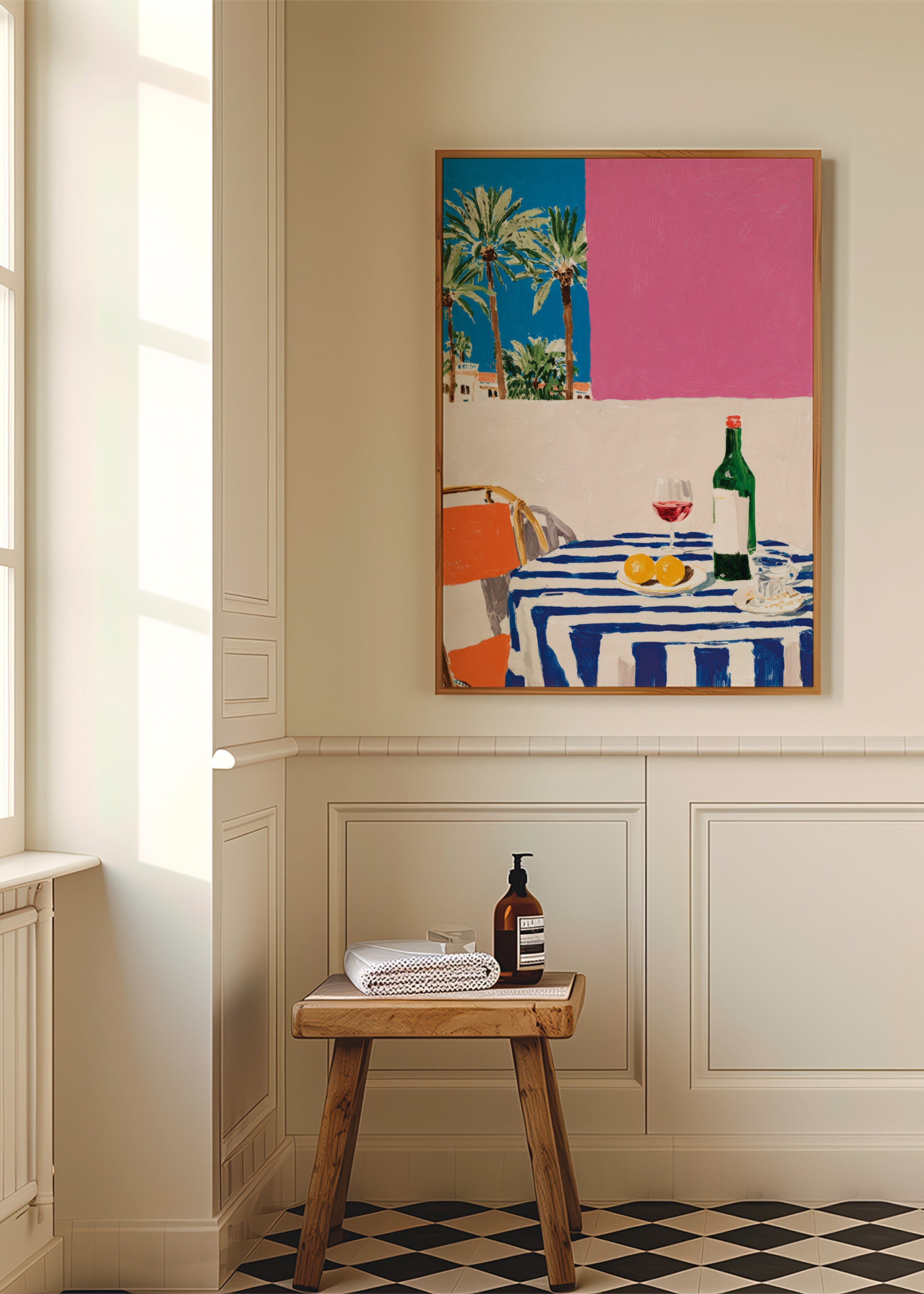 Keuken kunst met gestreept tafel, wijn en palmbomen