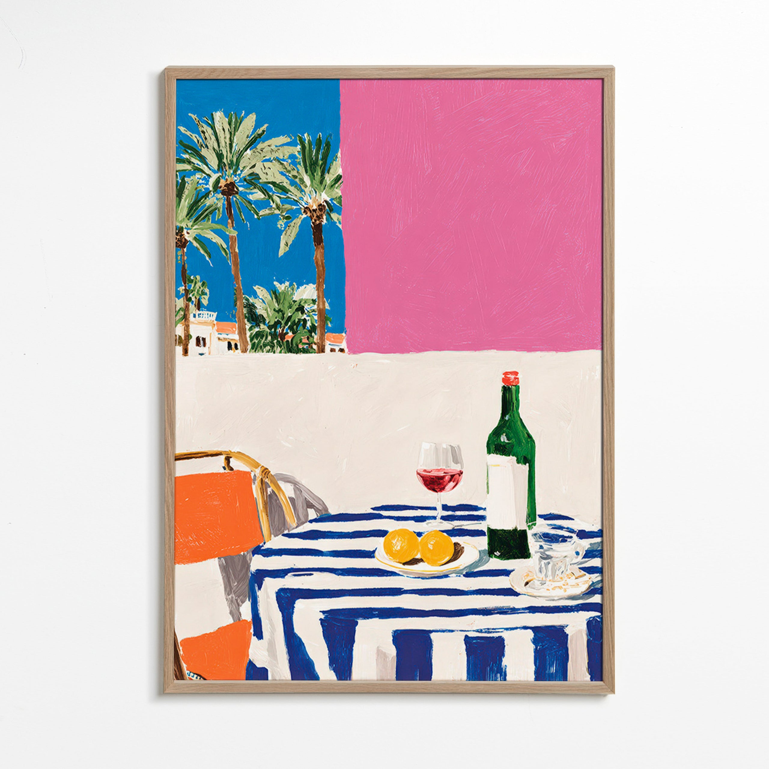 Keuken kunst met gestreept tafel, wijn en palmbomen
