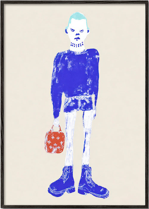 Illustratie van blauwe figuur met tas
