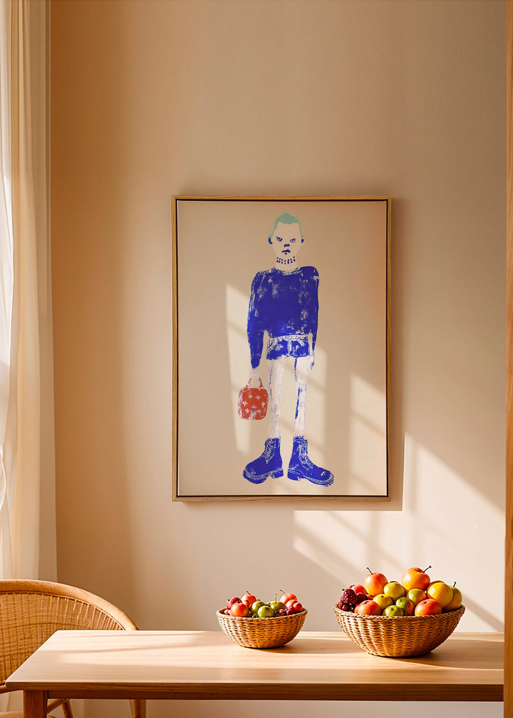 Illustratie van blauwe figuur met tas