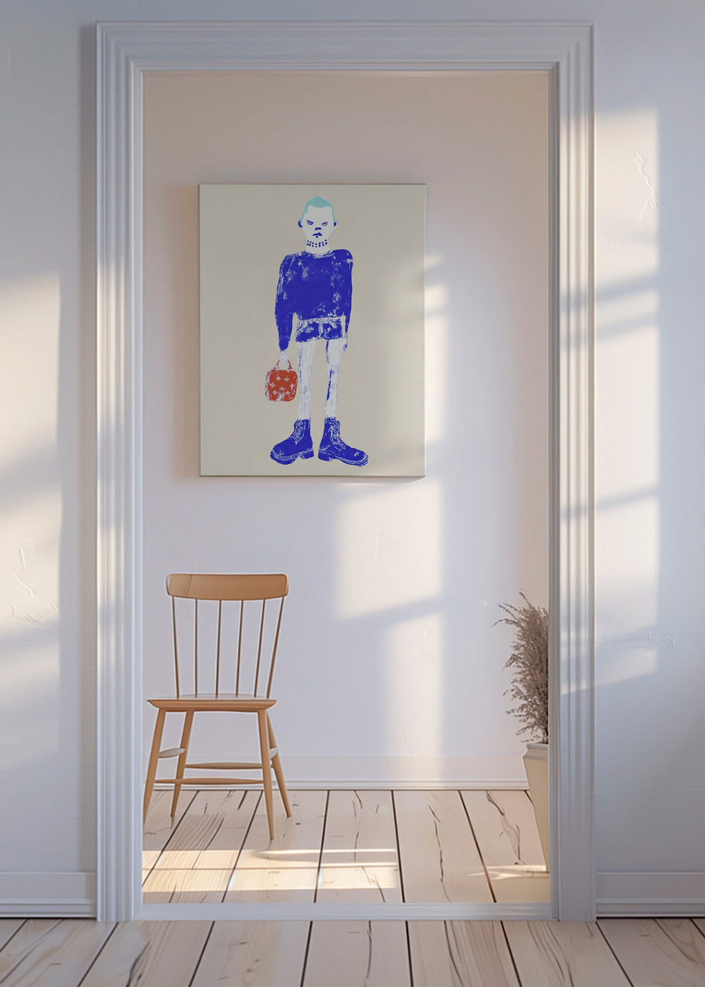 Illustratie van blauwe figuur met tas