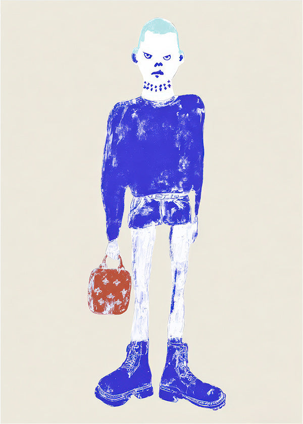 Illustratie van blauwe figuur met tas