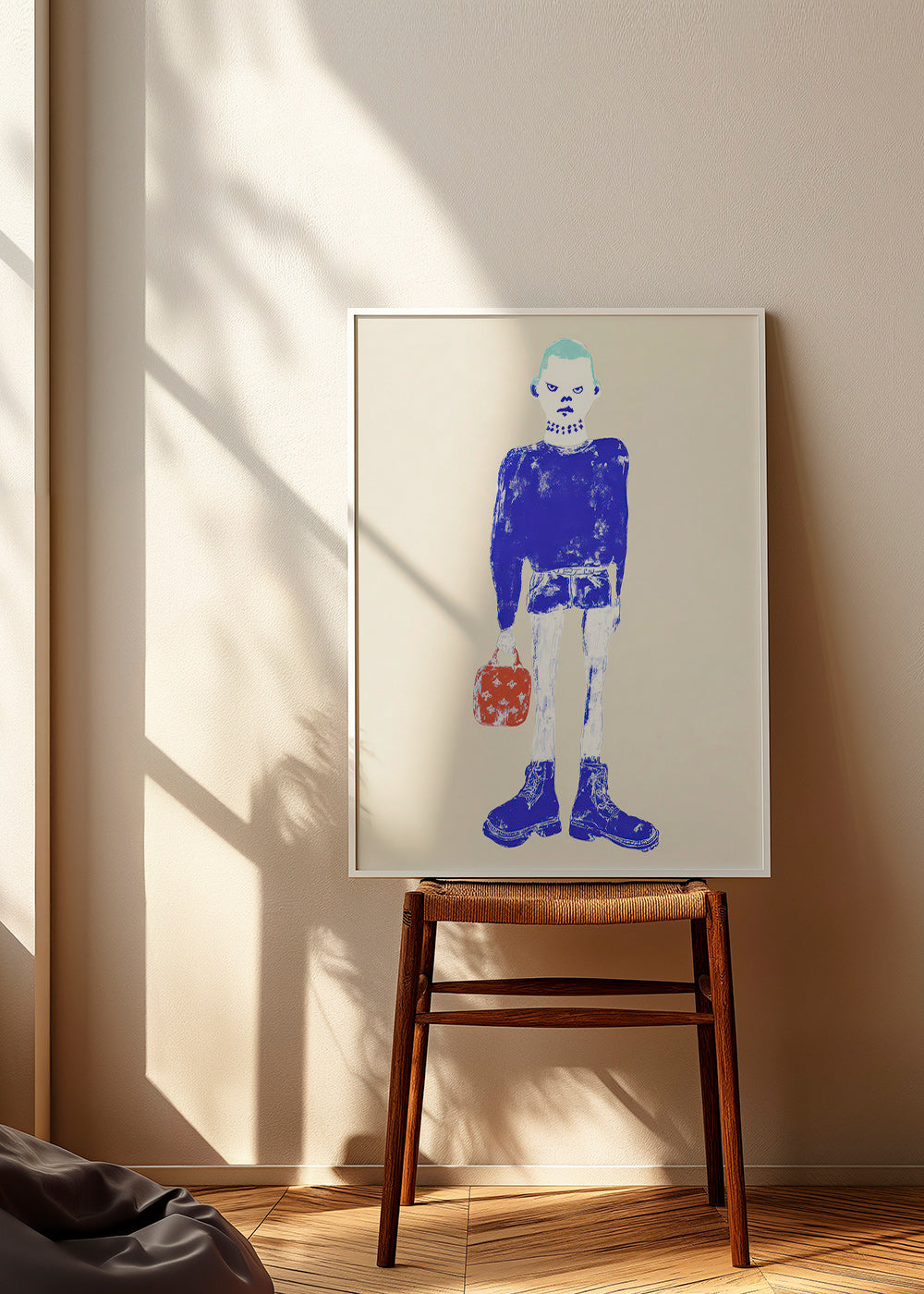 Illustratie van blauwe figuur met tas