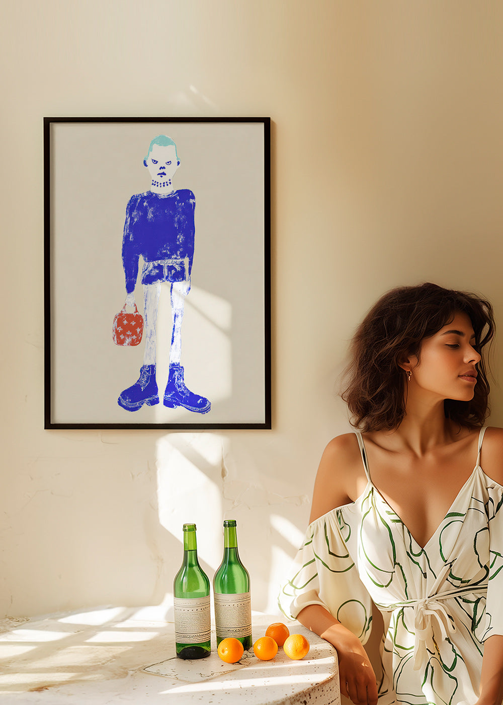 Illustratie van blauwe figuur met tas