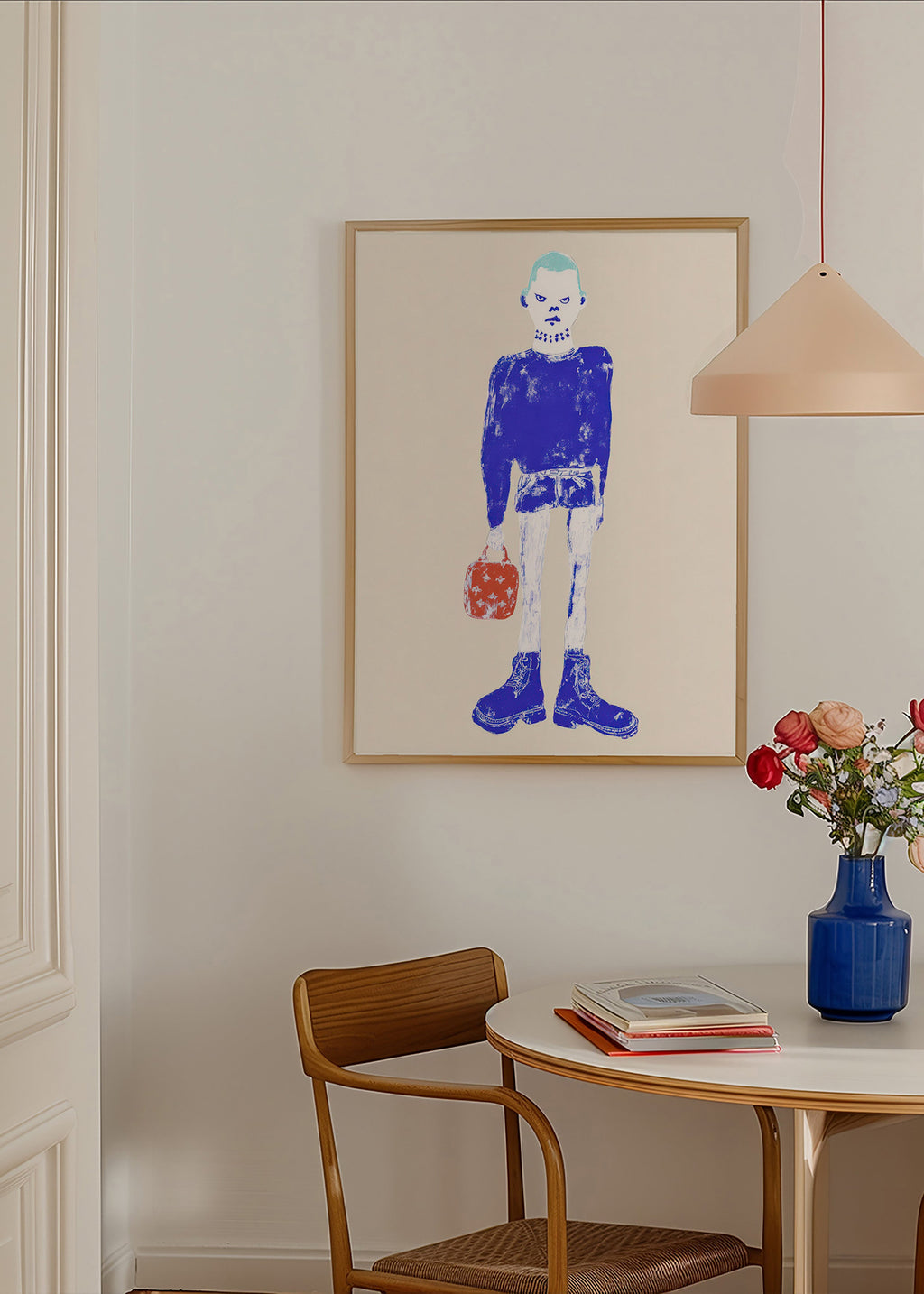 Illustratie van blauwe figuur met tas
