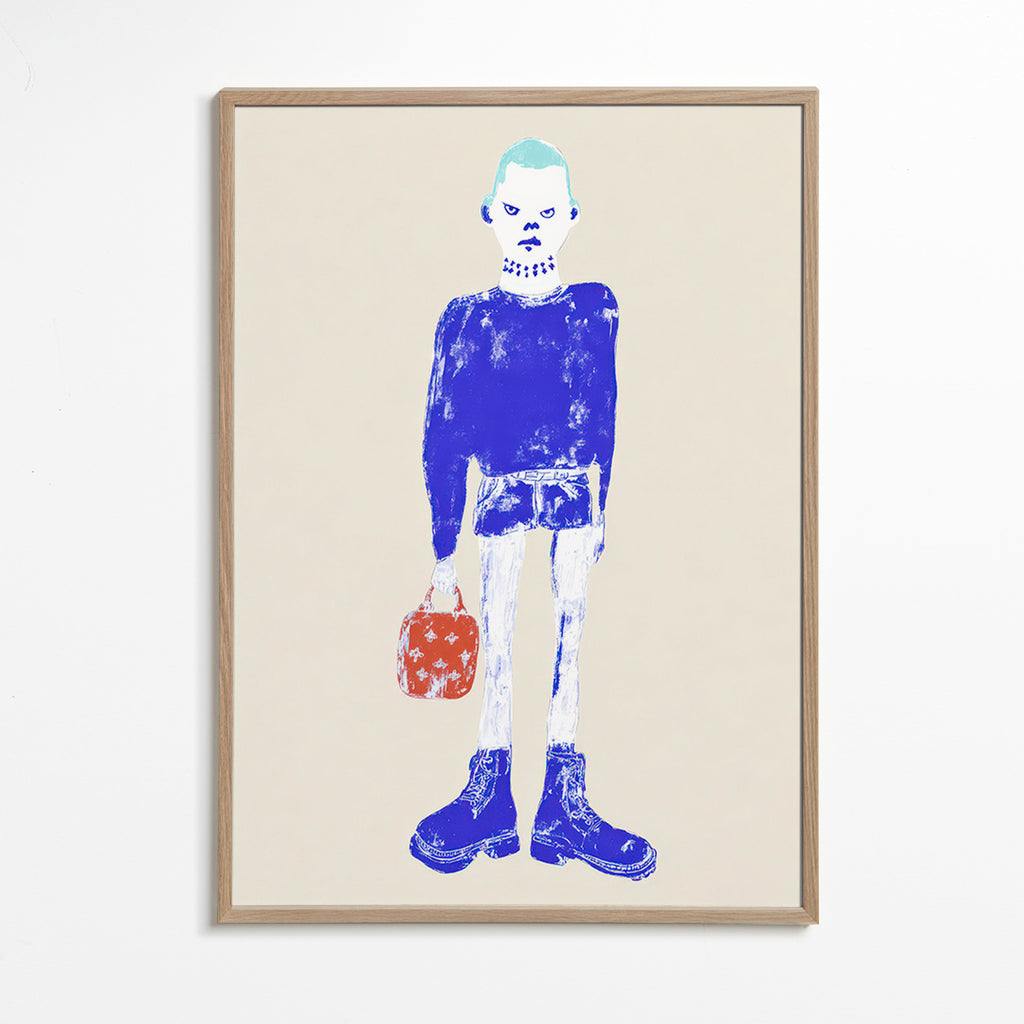 Illustratie van blauwe figuur met tas
