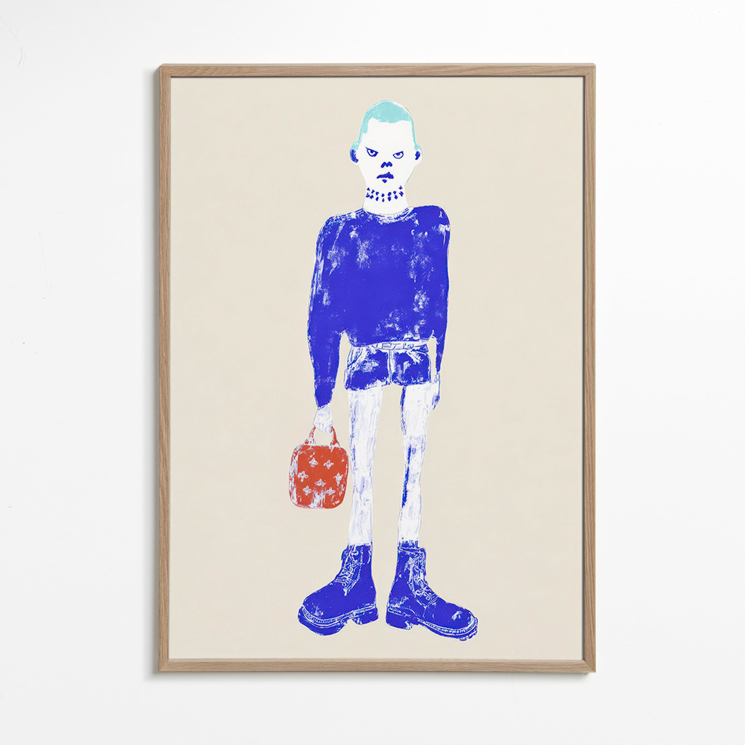 Illustratie van blauwe figuur met tas