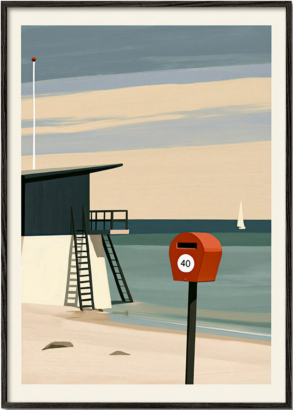 Landschap kunst met strandwacht en rode brievenbus