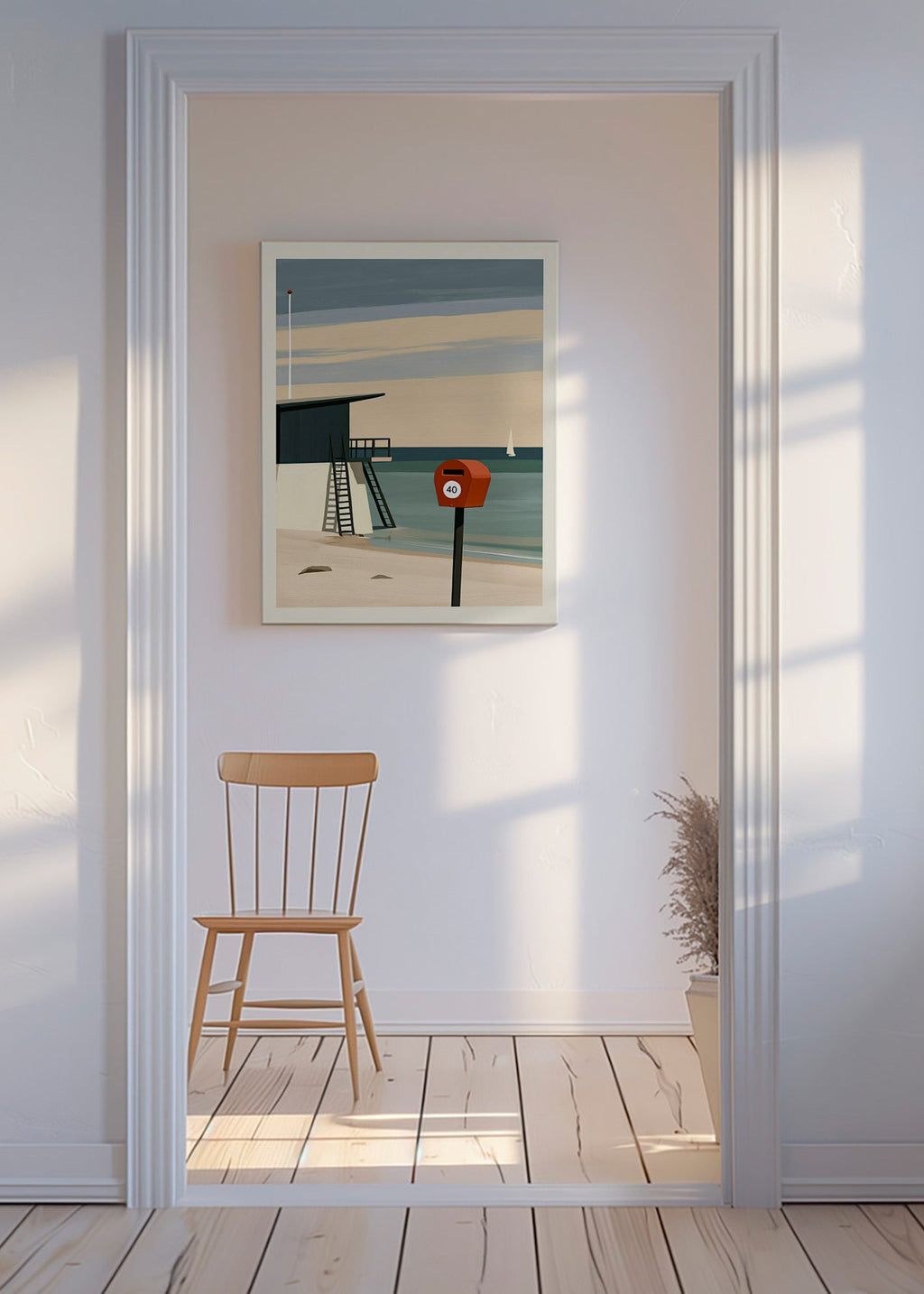 Landschap kunst met strandwacht en rode brievenbus
