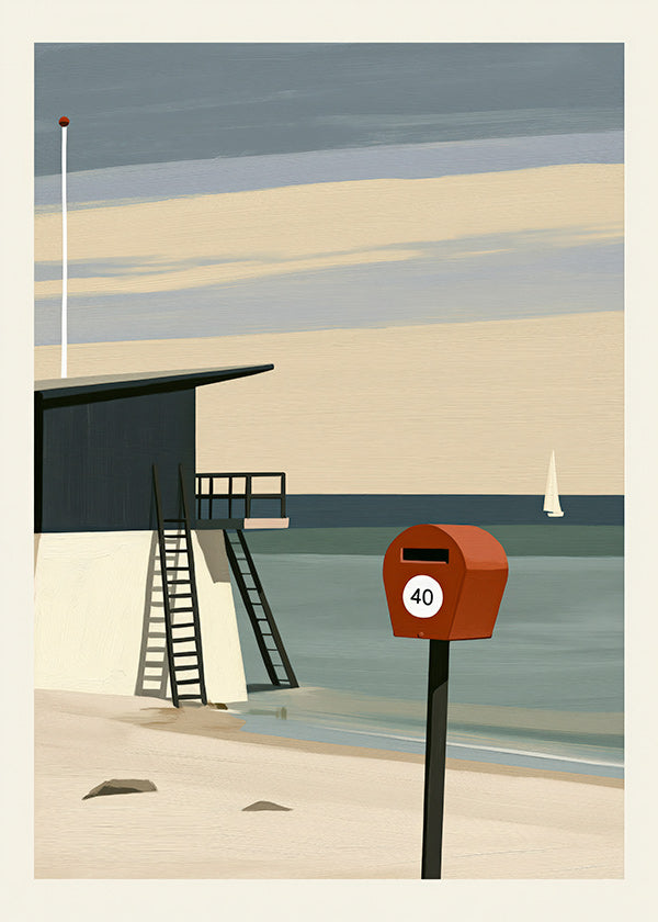 Landschap kunst met strandwacht en rode brievenbus