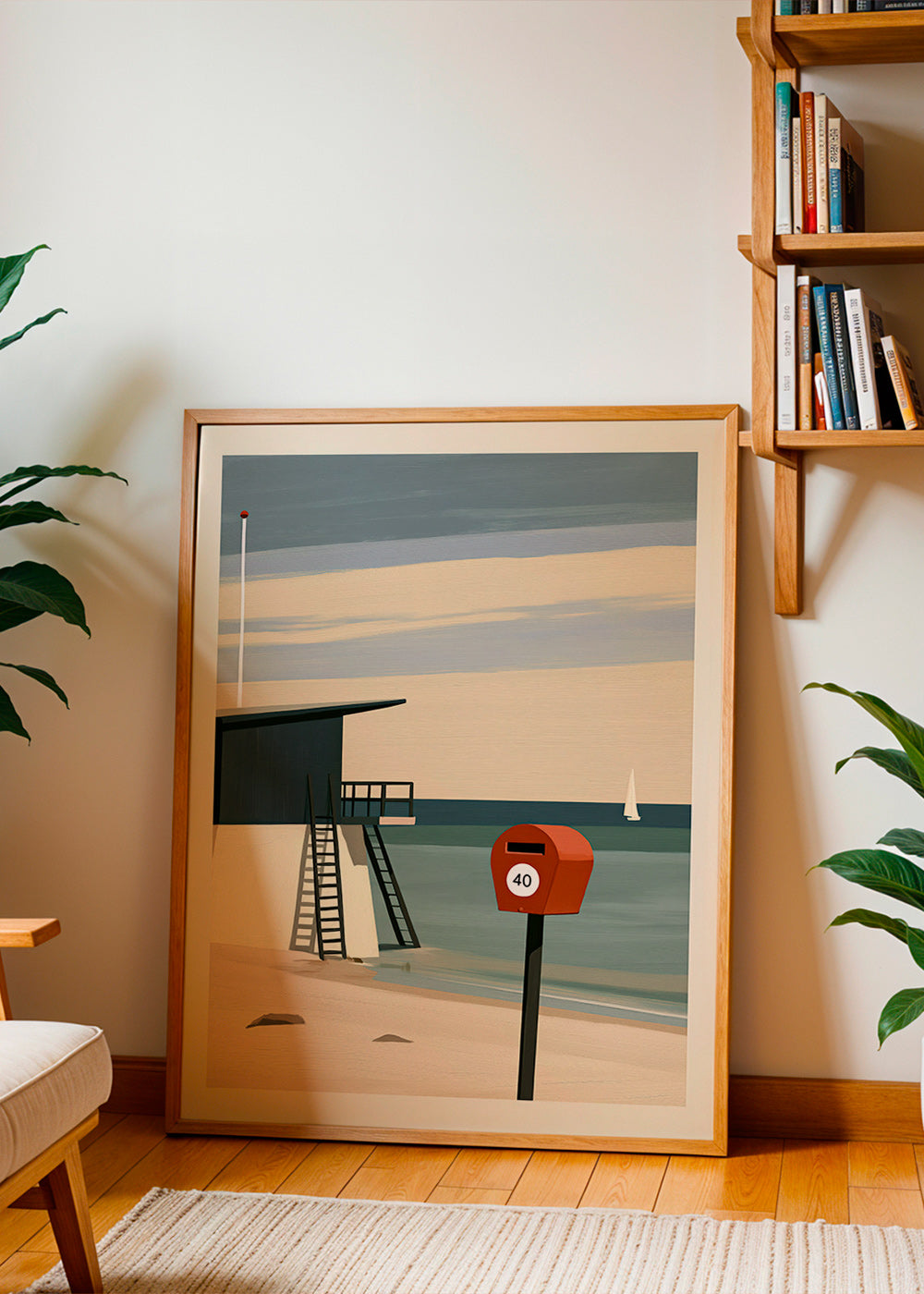 Landschap kunst met strandwacht en rode brievenbus