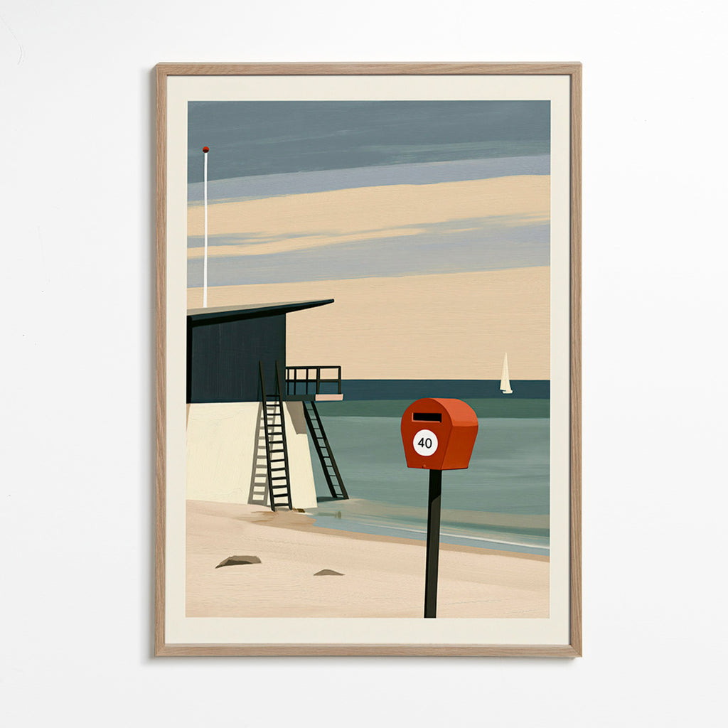 Landschap kunst met strandwacht en rode brievenbus