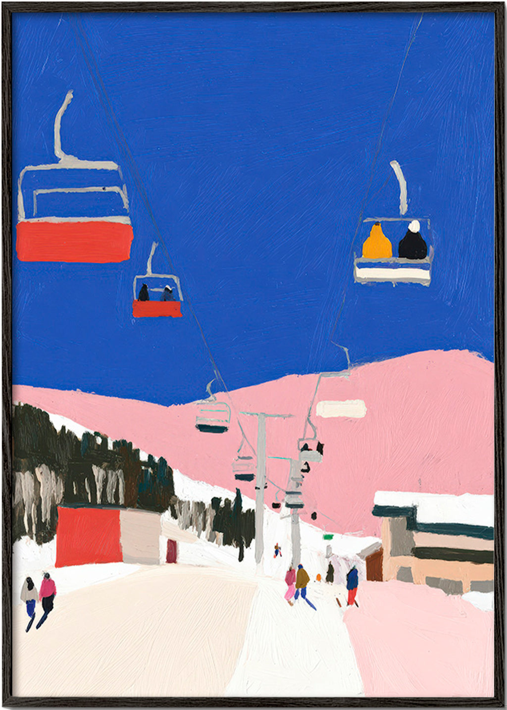 Landschapsschilderij met skiliften tegen blauwe lucht
