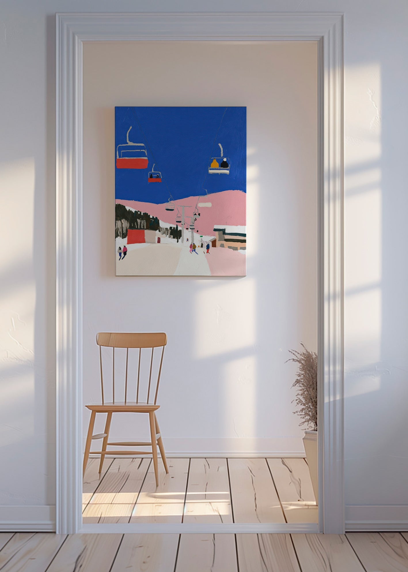 Landschapsschilderij met skiliften tegen blauwe lucht