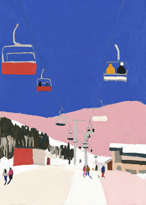 Landschapsschilderij met skiliften tegen blauwe lucht