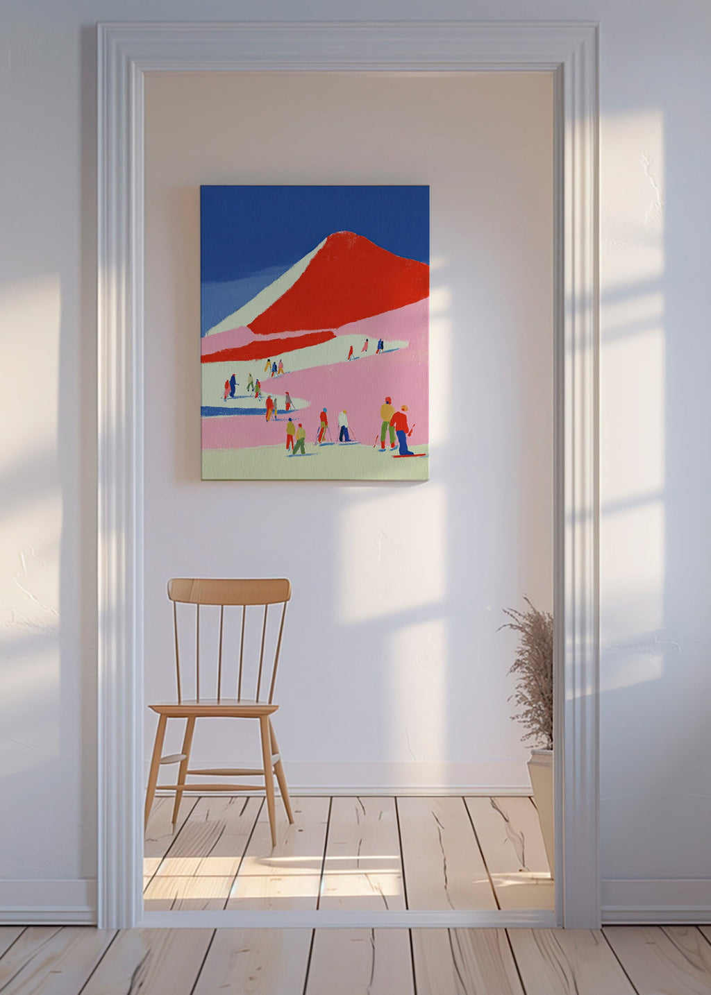 Landschapskunst: rode berg met skiërs