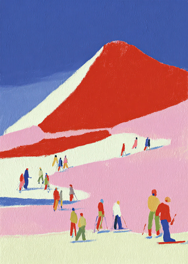 Landschapskunst: rode berg met skiërs