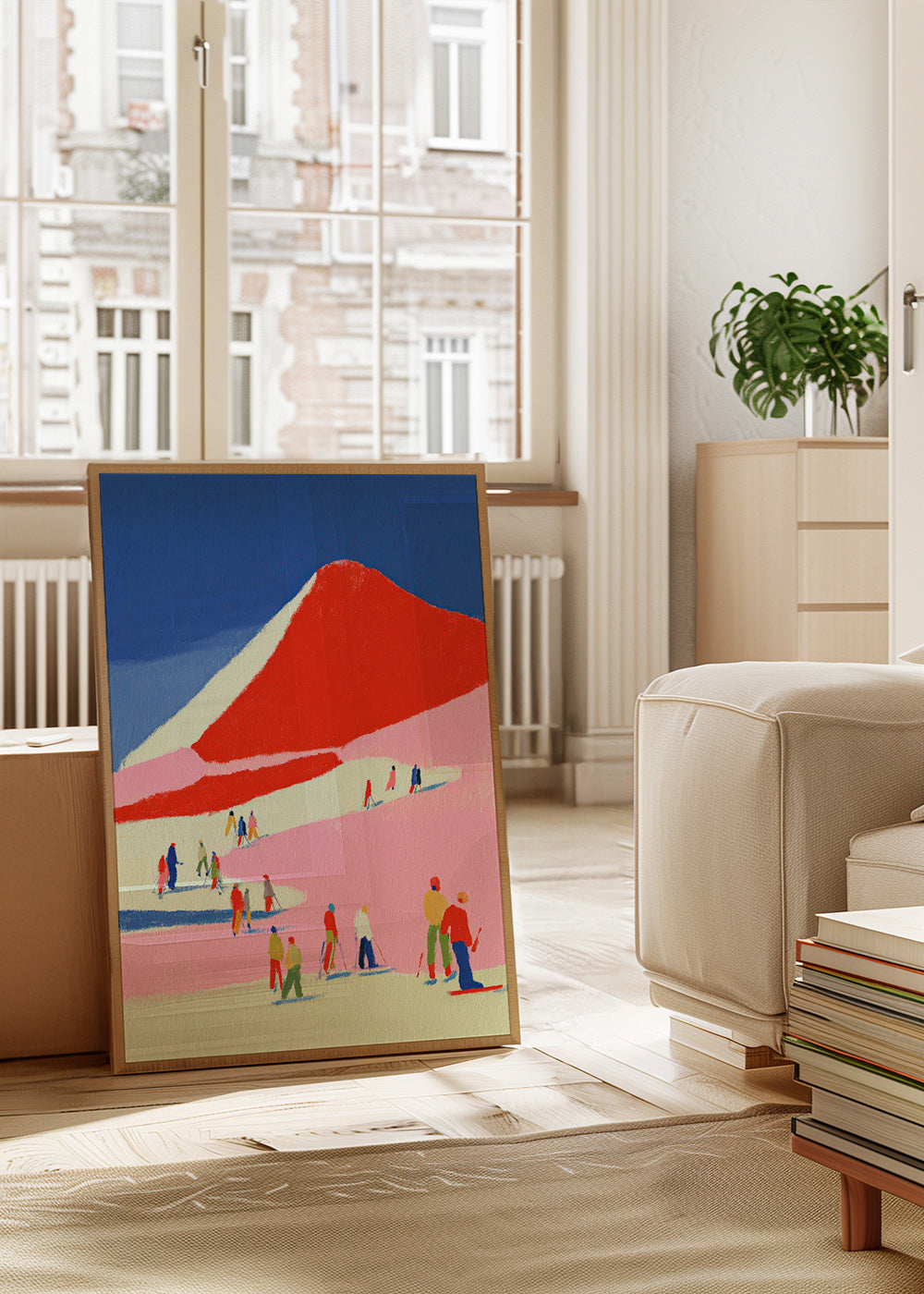 Landschapskunst: rode berg met skiërs