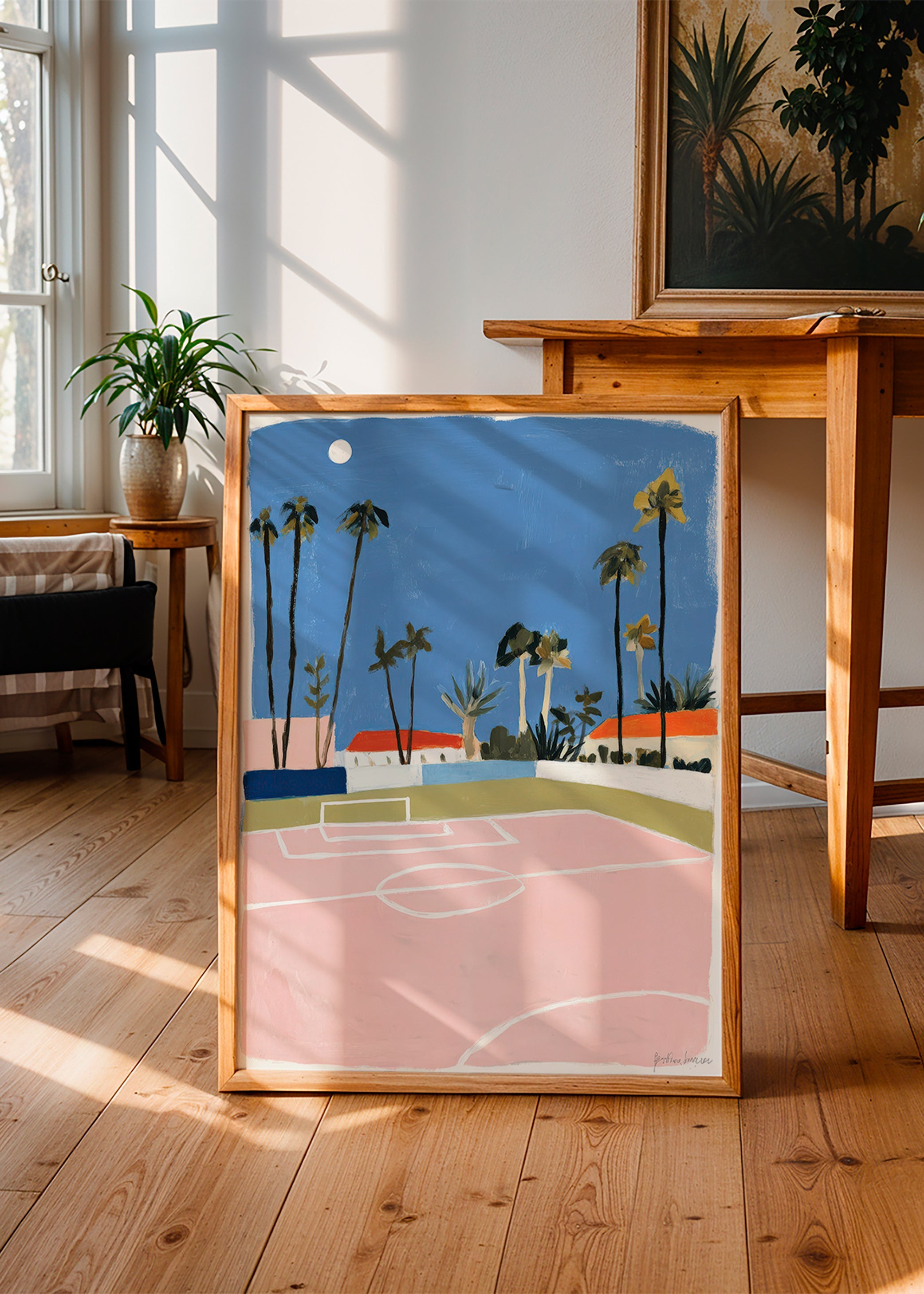 Sportkunst met veld en palmen