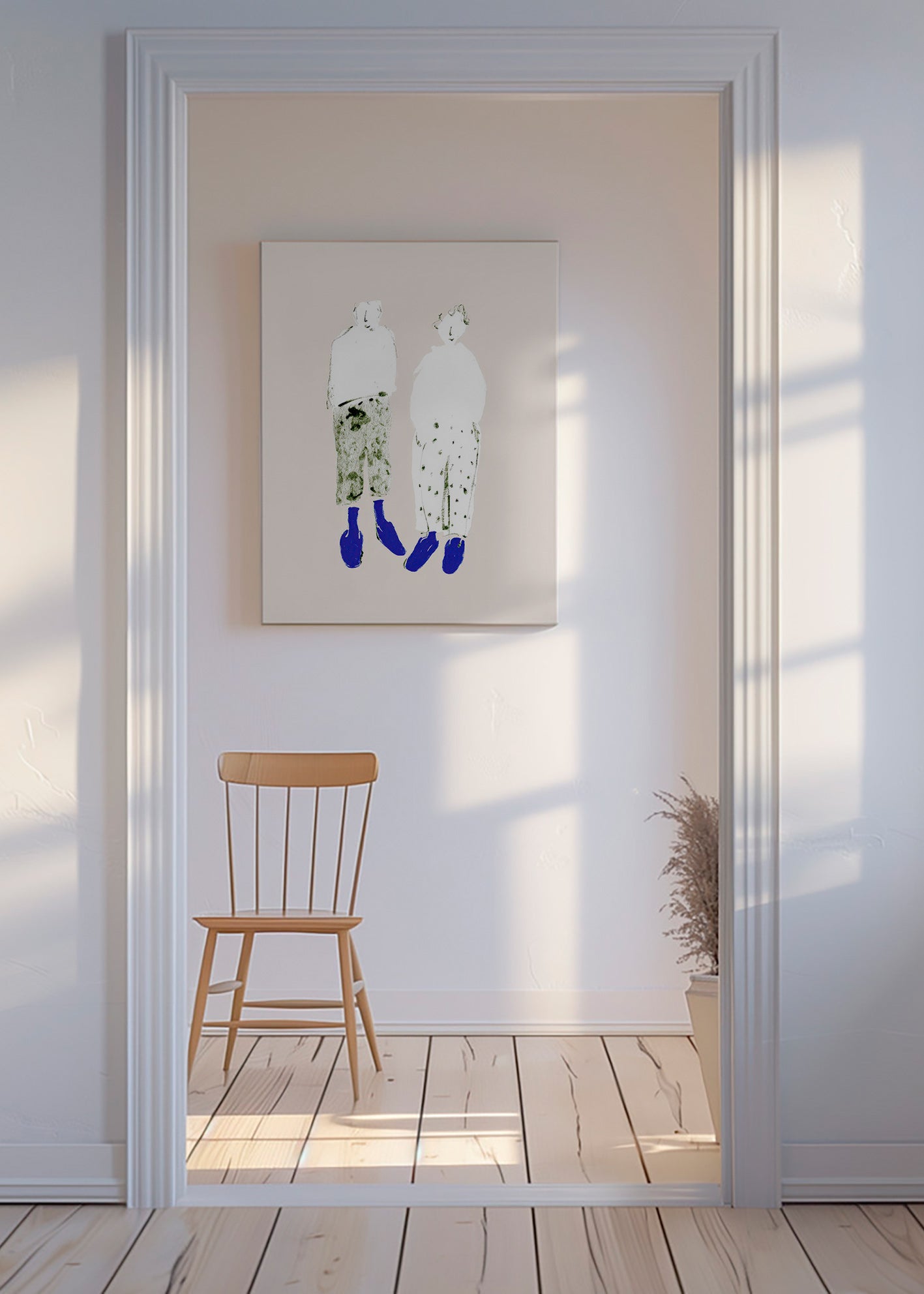 Minimalistische koppelillustratie met blauwe laarzen