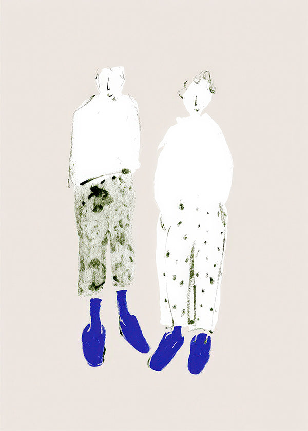 Minimalistische koppelillustratie met blauwe laarzen