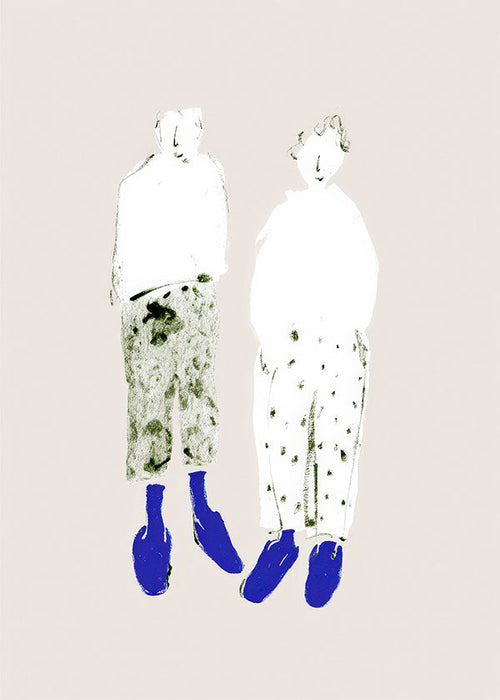 Minimalistische koppelillustratie met blauwe laarzen
