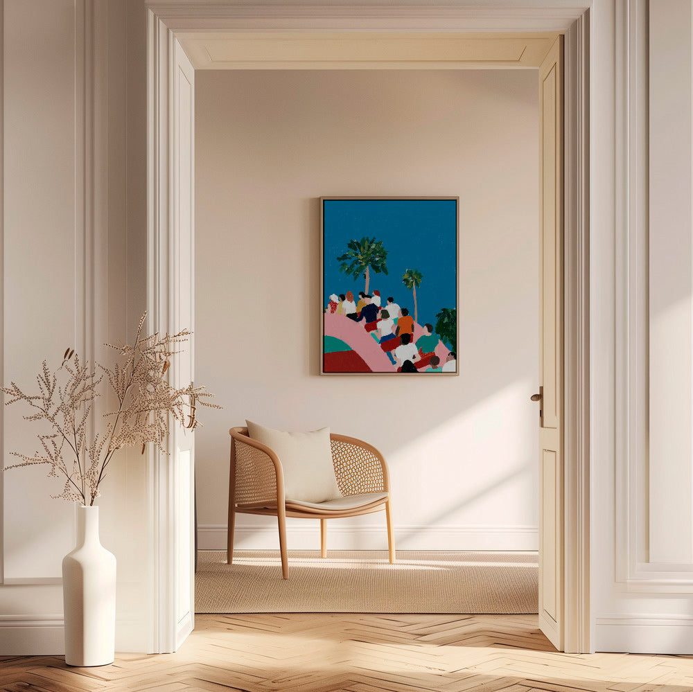 Illustratie menigte op attractie met palmbomen