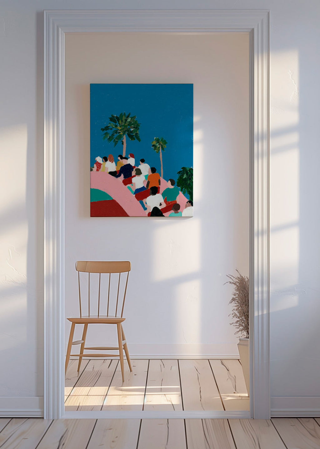 Illustratie menigte op attractie met palmbomen