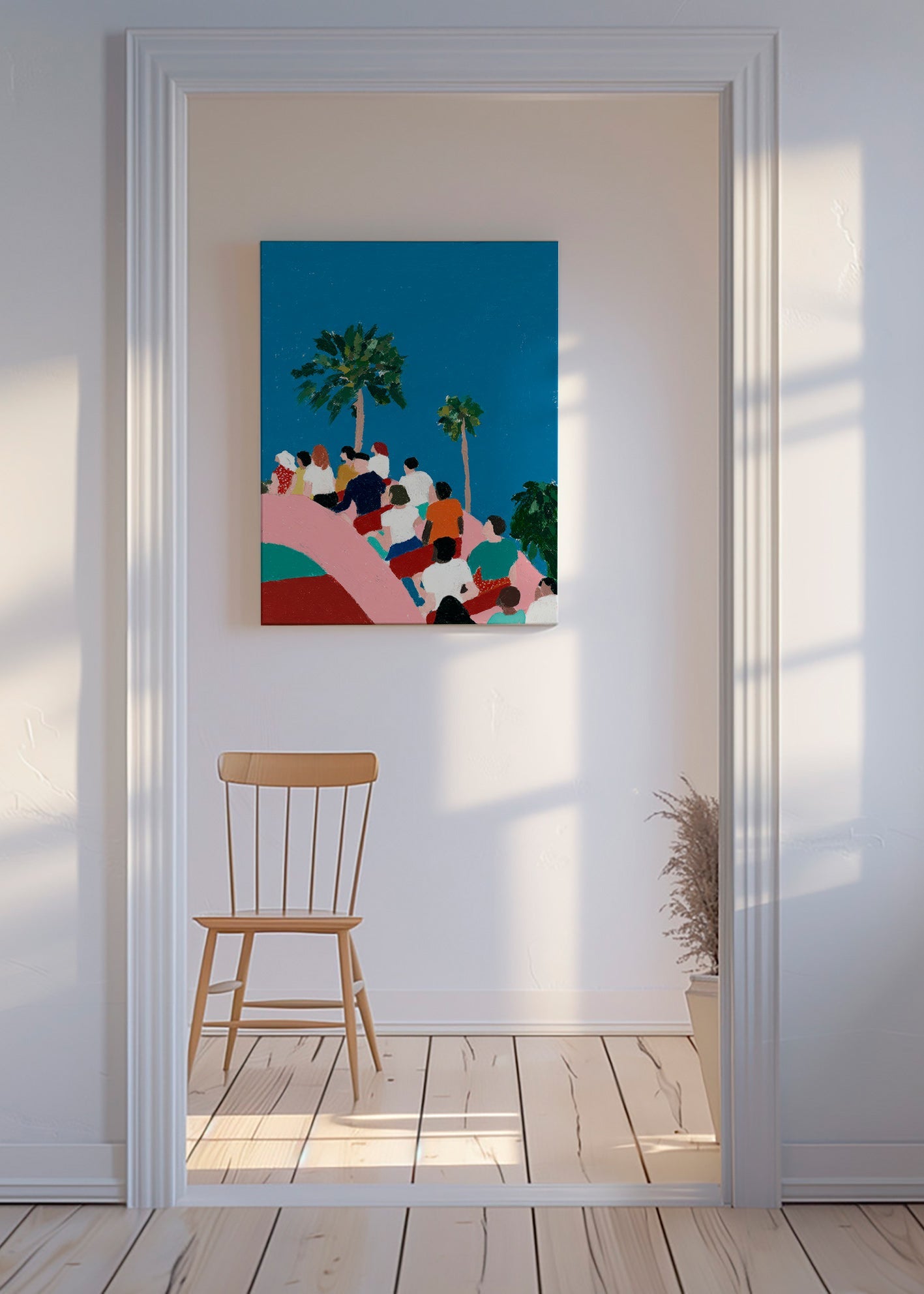 Illustratie menigte op attractie met palmbomen