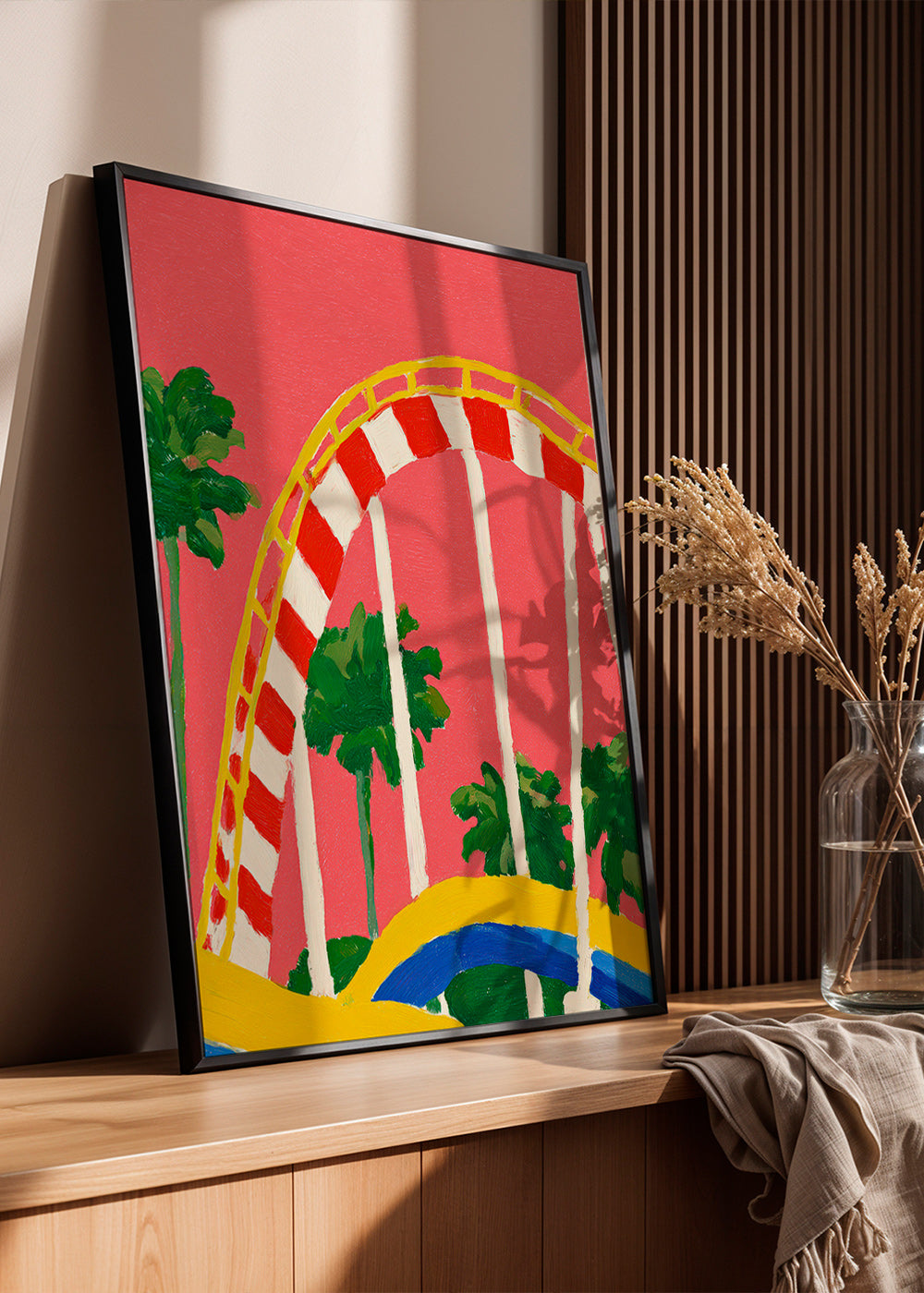 Botanische print met palmen en kleurrijke boog
