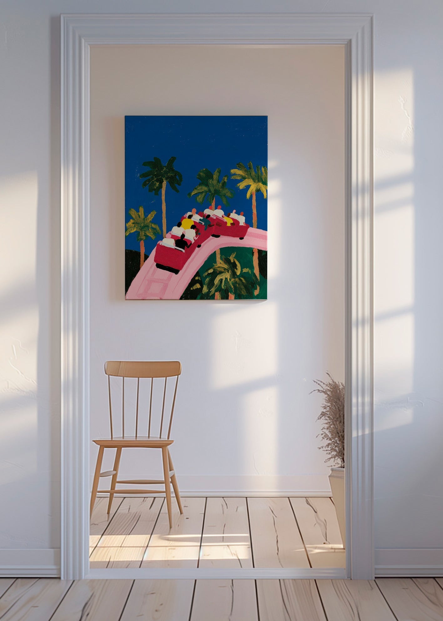 Botanische poster met palmen en roze achtbaan